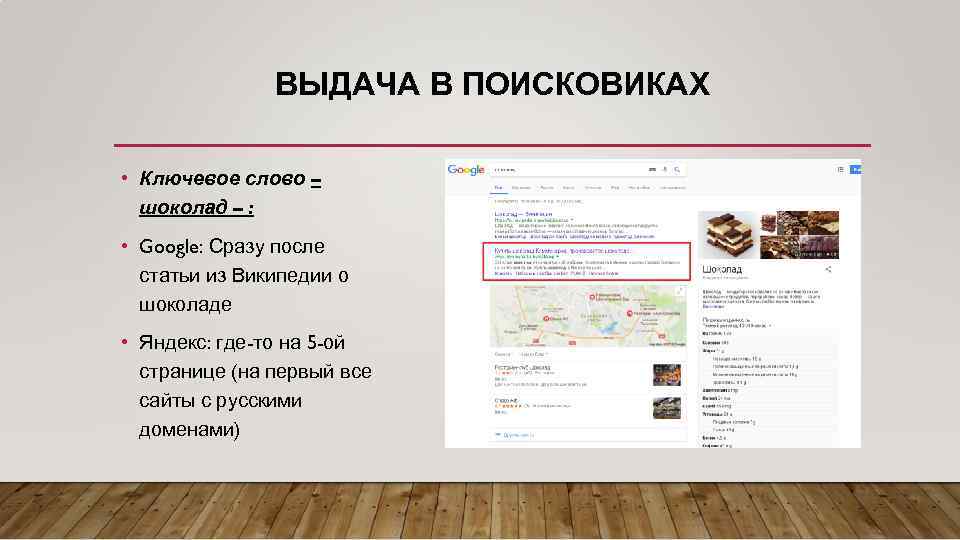 ВЫДАЧА В ПОИСКОВИКАХ • Ключевое слово – шоколад – : • Google: Сразу после