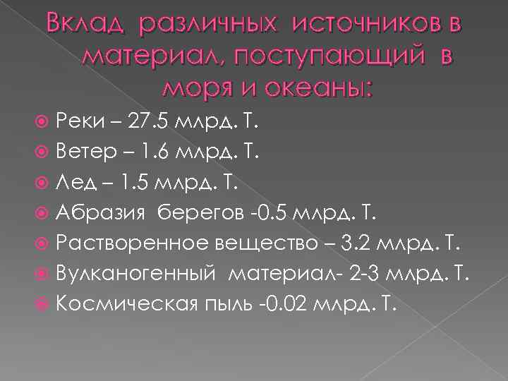 Вклад различных источников в материал, поступающий в моря и океаны: Реки – 27. 5