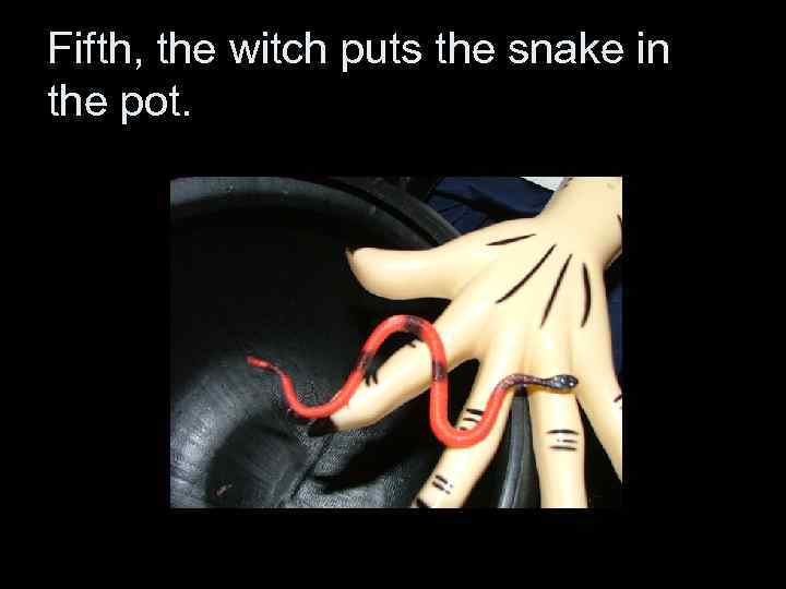 Fifth, the witch puts the snake in the pot. 