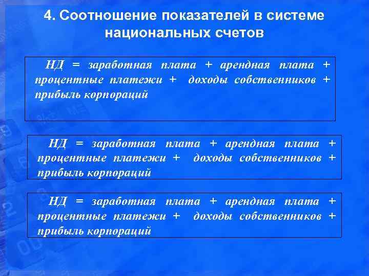 4. Соотношение показателей в системе национальных счетов НД = заработная плата + арендная плата