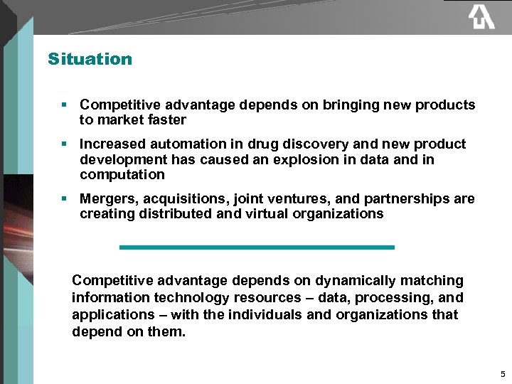 Situation § Competitive advantage depends on bringing new products to market faster § Increased