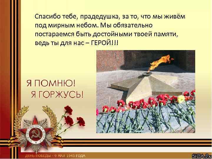 Спасибо тебе, прадедушка, за то, что мы живём под мирным небом. Мы обязательно постараемся