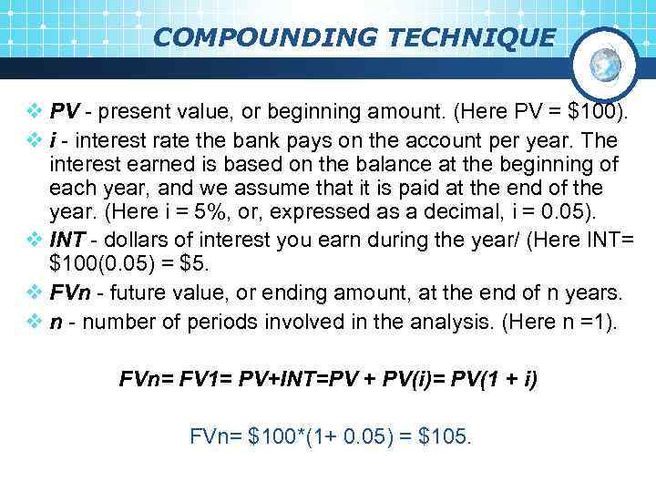 COMPOUNDING TECHNIQUE v PV - present value, or beginning amount. (Here PV = $100).