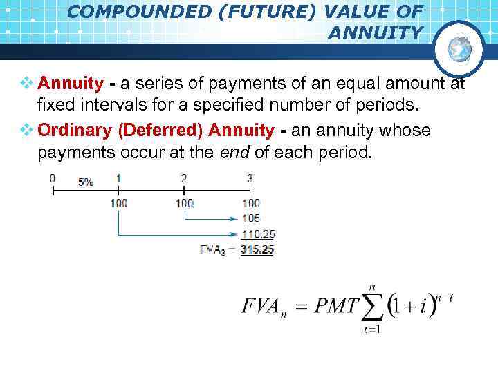 COMPOUNDED (FUTURE) VALUE OF ANNUITY v Annuity - a series of payments of an