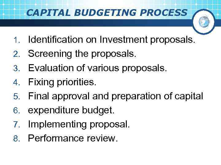 CAPITAL BUDGETING PROCESS 1. Identification on Investment proposals. 2. Screening the proposals. 3. Evaluation