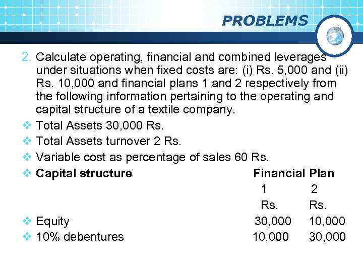 PROBLEMS 2. Calculate operating, financial and combined leverages under situations when fixed costs are: