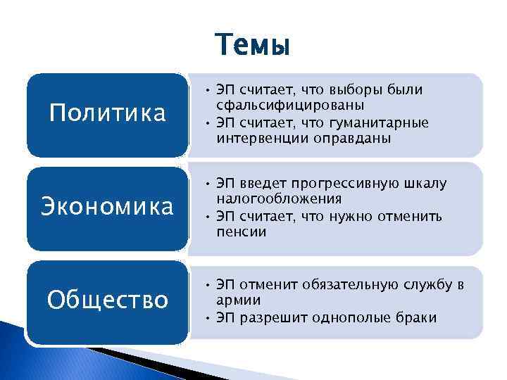 Темы Политика Экономика Общество • ЭП считает, что выборы были сфальсифицированы • ЭП считает,