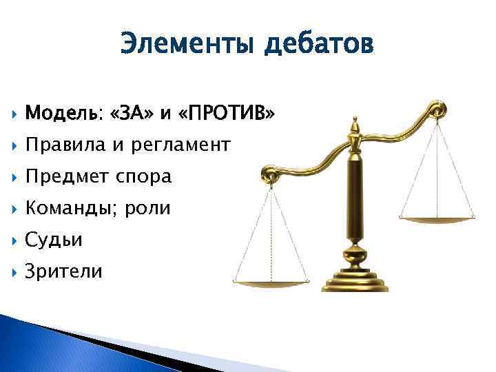 Элементы дебатов Модель: «ЗА» и «ПРОТИВ» Правила и регламент Предмет спора Команды; роли Судьи