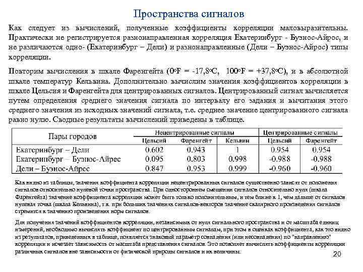 Пространства сигналов Как следует из вычислений, полученные коэффициенты корреляции маловыразительны. Практически не регистрируется разнонаправленная