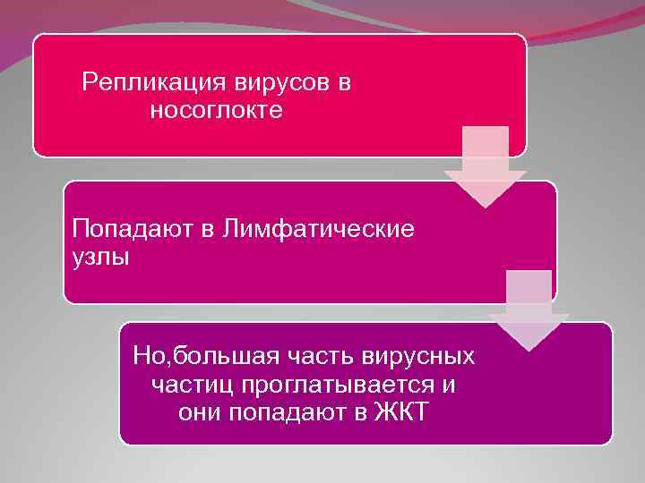 Репликация вирусов в носоглокте Попадают в Лимфатические узлы Но, большая часть вирусных частиц проглатывается