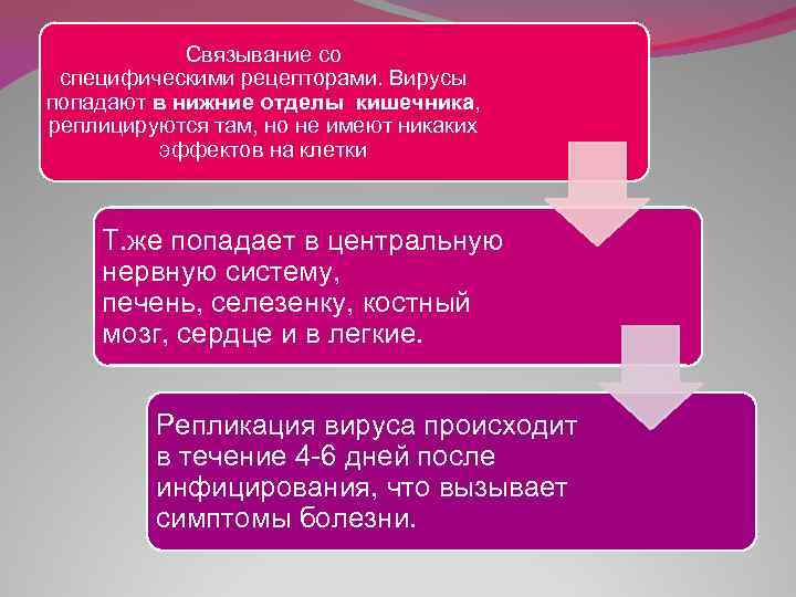 Связывание со специфическими рецепторами. Вирусы попадают в нижние отделы кишечника, реплицируются там, но не