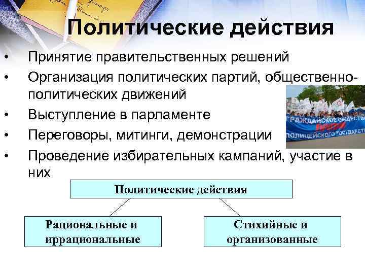 Политические действия • • • Принятие правительственных решений Организация политических партий, общественнополитических движений Выступление