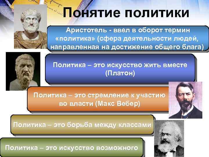 Понятие политики Аристотель - ввел в оборот термин «политика» (сфера деятельности людей, направленная на