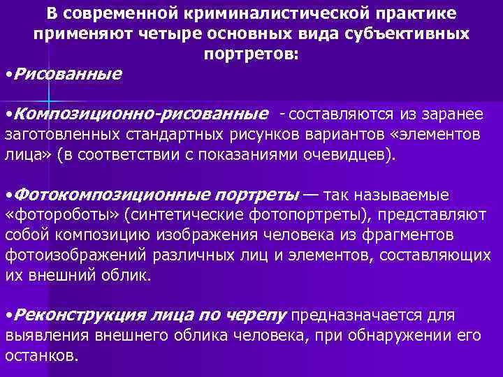 В современной криминалистической практике применяют четыре основных вида субъективных портретов: • Рисованные • Композиционно-рисованные