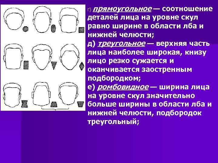 г) прямоугольное — соотношение деталей лица на уровне скул равно ширине в области лба