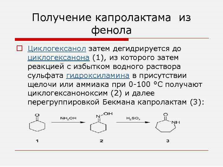 Получение капролактама из фенола o Циклогексанол затем дегидрируется до циклогексанона (1), из которого затем