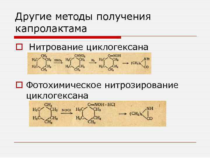 Другие методы получения капролактама o Нитрование циклогексана o Фотохимическое нитрозирование циклогексана 