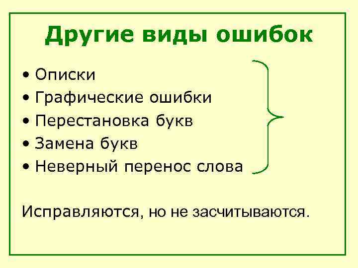 Другие виды ошибок • Описки • Графические ошибки • Перестановка букв • Замена букв