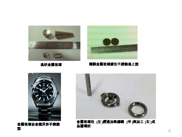 塊狀金屬玻璃合金應用於手錶鏡 面 薄膜金屬玻璃鍍在不銹鋼塊上面 金屬玻璃柱 (左 )經過加熱鑄模 (中 )與加 (右 )成 為圓環狀 31 