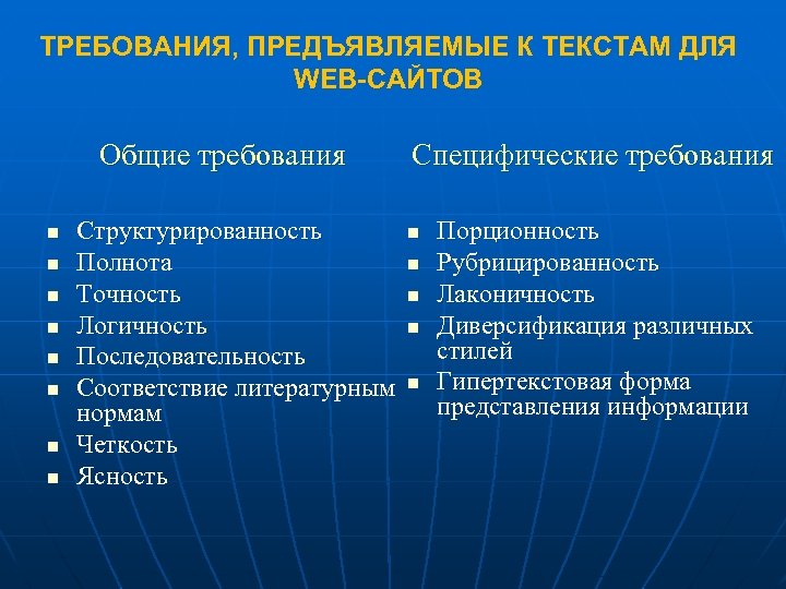 ТРЕБОВАНИЯ, ПРЕДЪЯВЛЯЕМЫЕ К ТЕКСТАМ ДЛЯ WEB-САЙТОВ Общие требования n n n n Структурированность Полнота