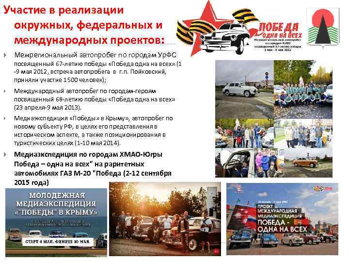 Участие в реализации окружных, федеральных и международных проектов: Межрегиональный автопробег по городам Ур. ФО