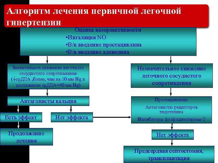 Алгоритм лечения первичной легочной гипертензии Оценка вазореактивности • Ингаляция NO • В/в введение простациклина