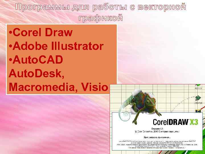 Программы для работы с векторной графикой • Corel Draw • Adobe Illustrator • Auto.