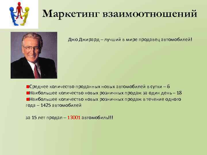 Маркетинг взаимоотношений Джо Джирард – лучший в мире продавец автомобилей! Среднее количество проданных новых