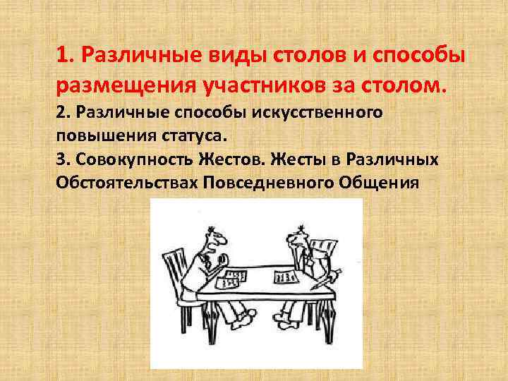 Различные способы. Различные способы искусственного повышения статуса. Различные виды столов и способы размещения участников за столом. Способы искусственного повышения статуса. Искусственное повышение статуса.