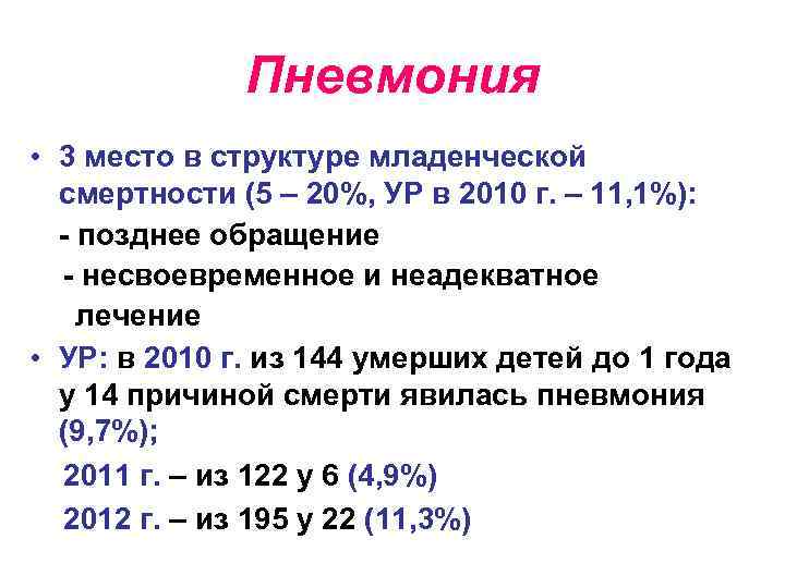 Пневмония • 3 место в структуре младенческой смертности (5 – 20%, УР в 2010