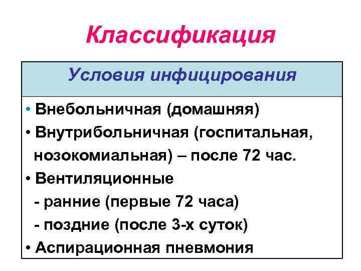 Классификация Условия инфицирования • Внебольничная (домашняя) • Внутрибольничная (госпитальная, нозокомиальная) – после 72 час.