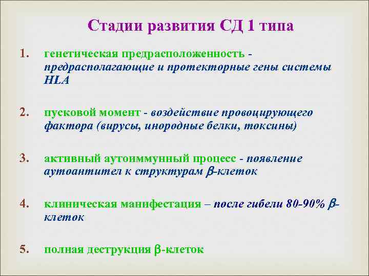 Стадии развития СД 1 типа 1. генетическая предрасположенность предрасполагающие и протекторные гены системы HLA