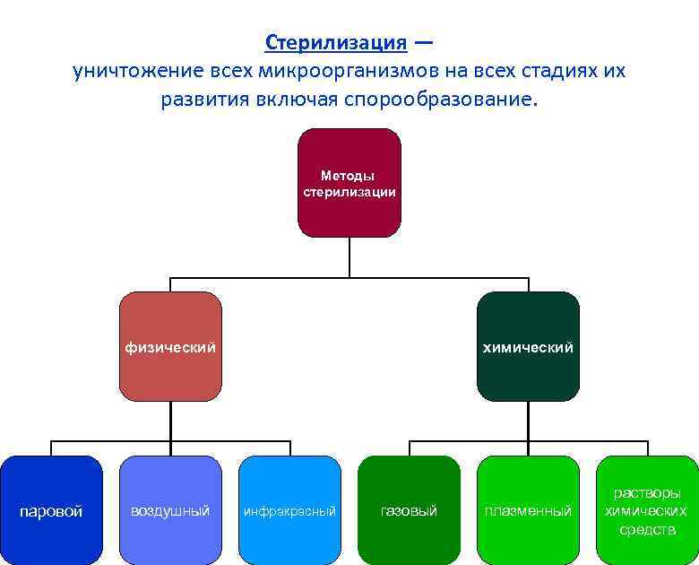 Стерилизация — уничтожение всех микроорганизмов на всех стадиях их развития включая спорообразование. Методы стерилизации