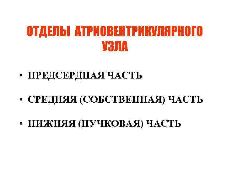 ОТДЕЛЫ АТРИОВЕНТРИКУЛЯРНОГО УЗЛА • ПРЕДСЕРДНАЯ ЧАСТЬ • СРЕДНЯЯ (СОБСТВЕННАЯ) ЧАСТЬ • НИЖНЯЯ (ПУЧКОВАЯ) ЧАСТЬ