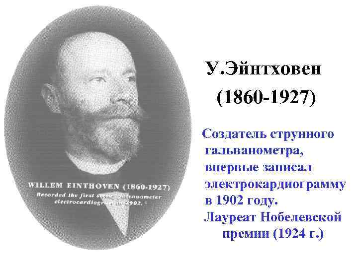  • У. Эйнтховен (1860 -1927) Создатель струнного гальванометра, впервые записал электрокардиограмму в 1902