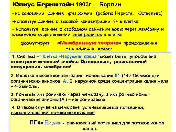 Юлиус Бернштейн 1903 г. , Берлин - на основании данных физ. химии (работы Нернста,