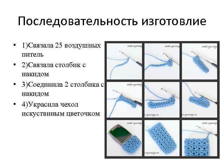 Последовательность изготовлие • 1)Связала 25 воздушных питель • 2)Связала столбик с накидом • 3)Соединила