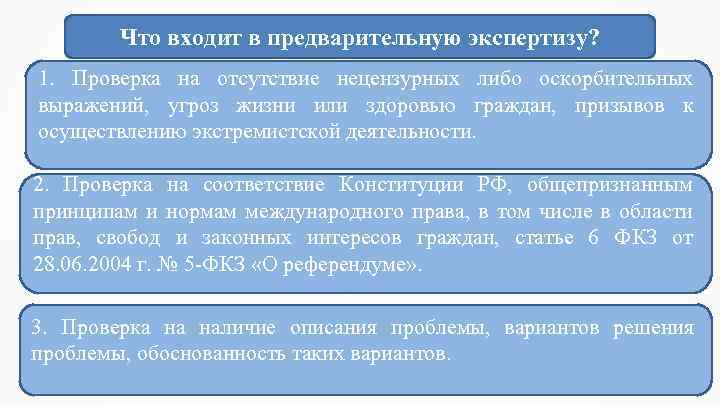 Что входит в предварительную экспертизу? 1. Проверка на отсутствие нецензурных либо оскорбительных выражений, угроз