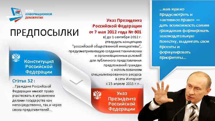 ПРЕДПОСЫЛКИ Конституция Российской Федерации Статья 32 : …Граждане Российской Федерации имеют право участвовать в