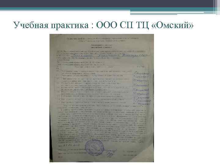 Учебная практика : ООО СП ТЦ «Омский» 