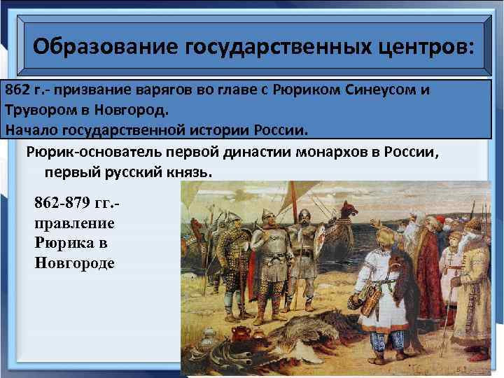 Образование государственных центров: 862 г. - призвание варягов во главе с Рюриком Синеусом и