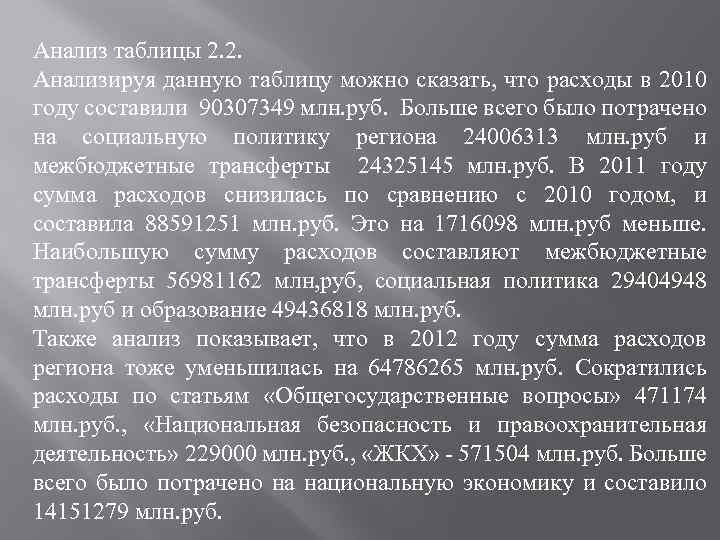 Анализ таблицы 2. 2. Анализируя данную таблицу можно сказать, что расходы в 2010 году