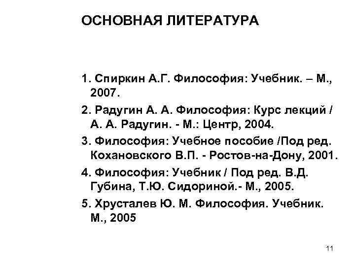 ОСНОВНАЯ ЛИТЕРАТУРА 1. Спиркин А. Г. Философия: Учебник. – М. , 2007. 2. Радугин