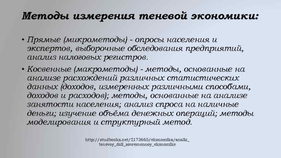 Методы измерения теневой экономики: • Прямые (микрометоды) - опросы населения и экспертов, выборочные обследования