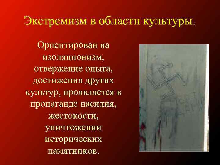 Экстремизм в области культуры. Ориентирован на изоляционизм, отвержение опыта, достижения других культур, проявляется в