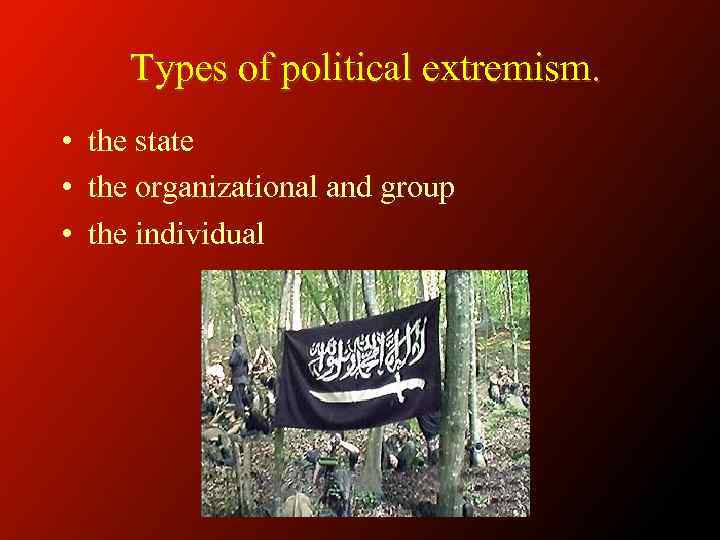 Types of political extremism. • the state • the organizational and group • the
