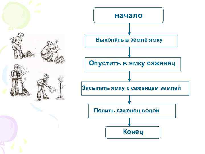 начало Выкопать в земле ямку Опустить в ямку саженец Засыпать ямку с саженцем землей