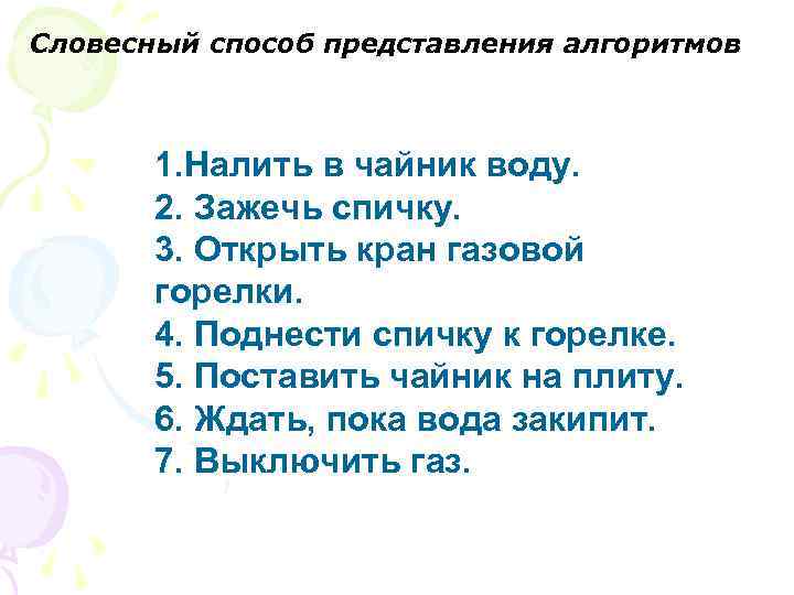 Словесный способ представления алгоритмов 1. Налить в чайник воду. 2. Зажечь спичку. 3. Открыть