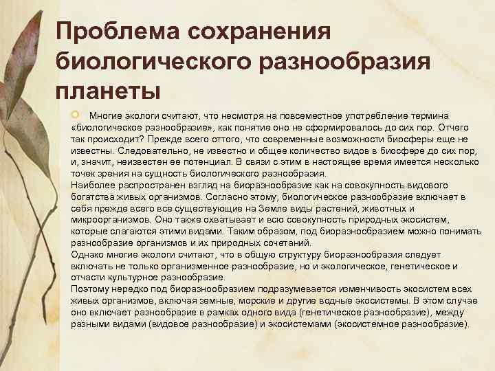 Проблема сохранения биологического разнообразия планеты Многие экологи считают, что несмотря на повсеместное употребление термина