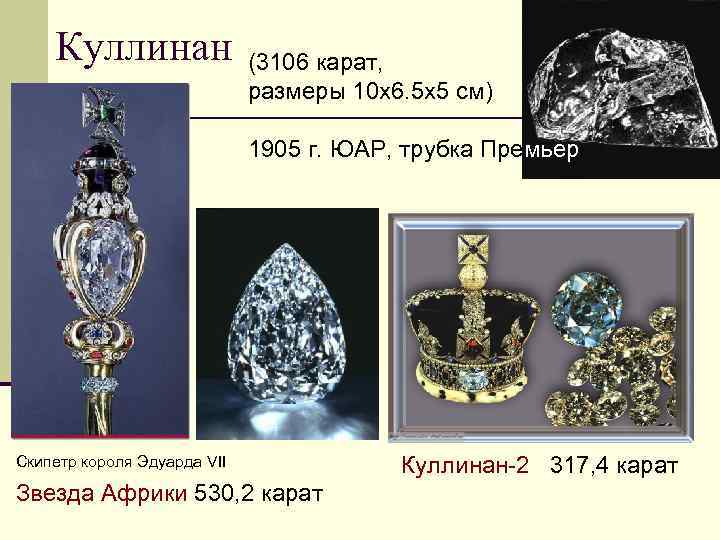 Куллинан (3106 карат, размеры 10 х6. 5 х5 см) 1905 г. ЮАР, трубка Премьер